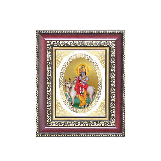 Lord Krishna with Kamdhenu (Surabhi Cow) Divine Abundance & Blessings Royal Tabletop Frame in 24K Gold Plated Foil