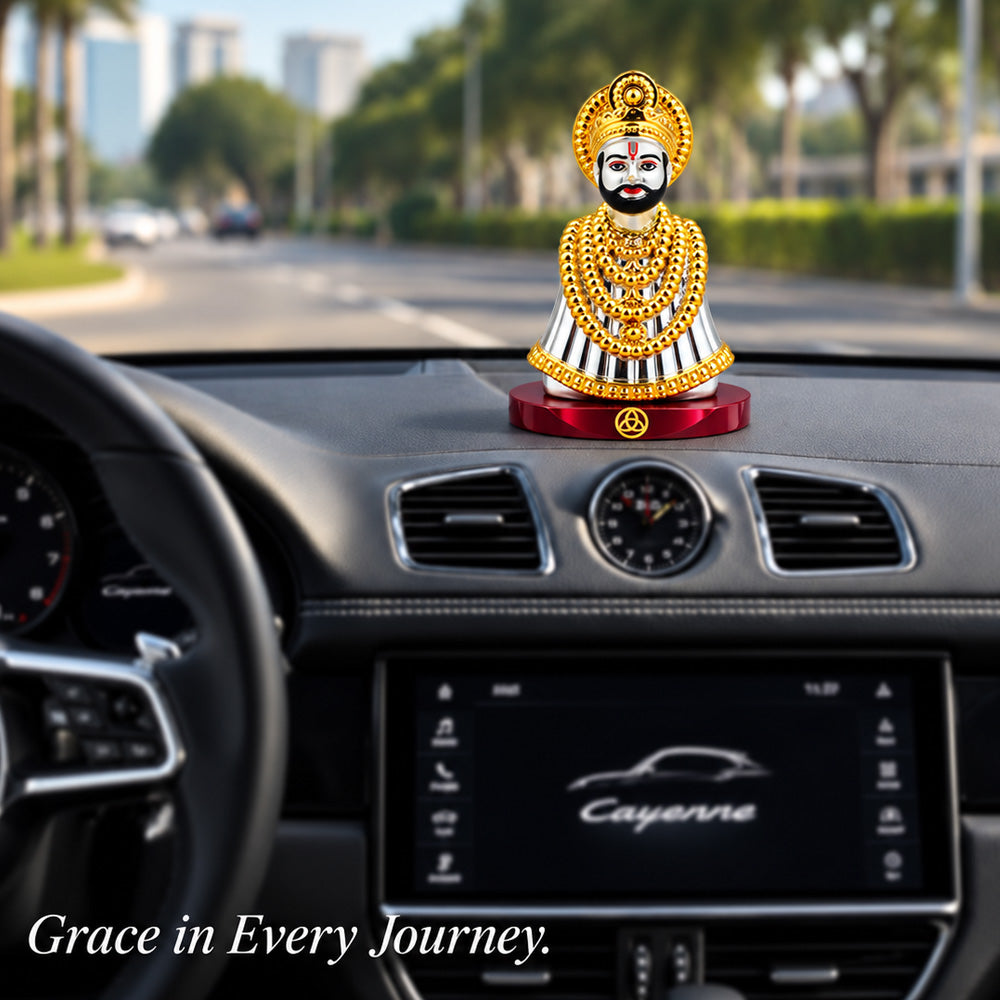 24K Gold & Silver-Plated Khatu Shyam Ji Resin Idol for Car Dashboard | Premium Gift Box | 8.5x6 CM