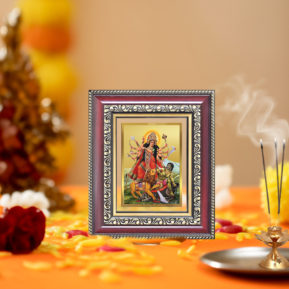 Diviniti 24K Gold Plated Durga - Mahishasura Mardini (Classic) Divine Table Top Frame for Home Mandir & Office Decor | Luxury Spiritual Gift