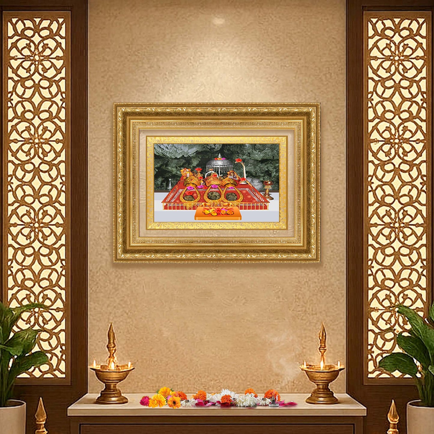 Diviniti 24K Gold Plated Mata Ka Darbar (Classic) Divine Wall Frame for Home Mandir & Office Decor | Luxury Spiritual Gift