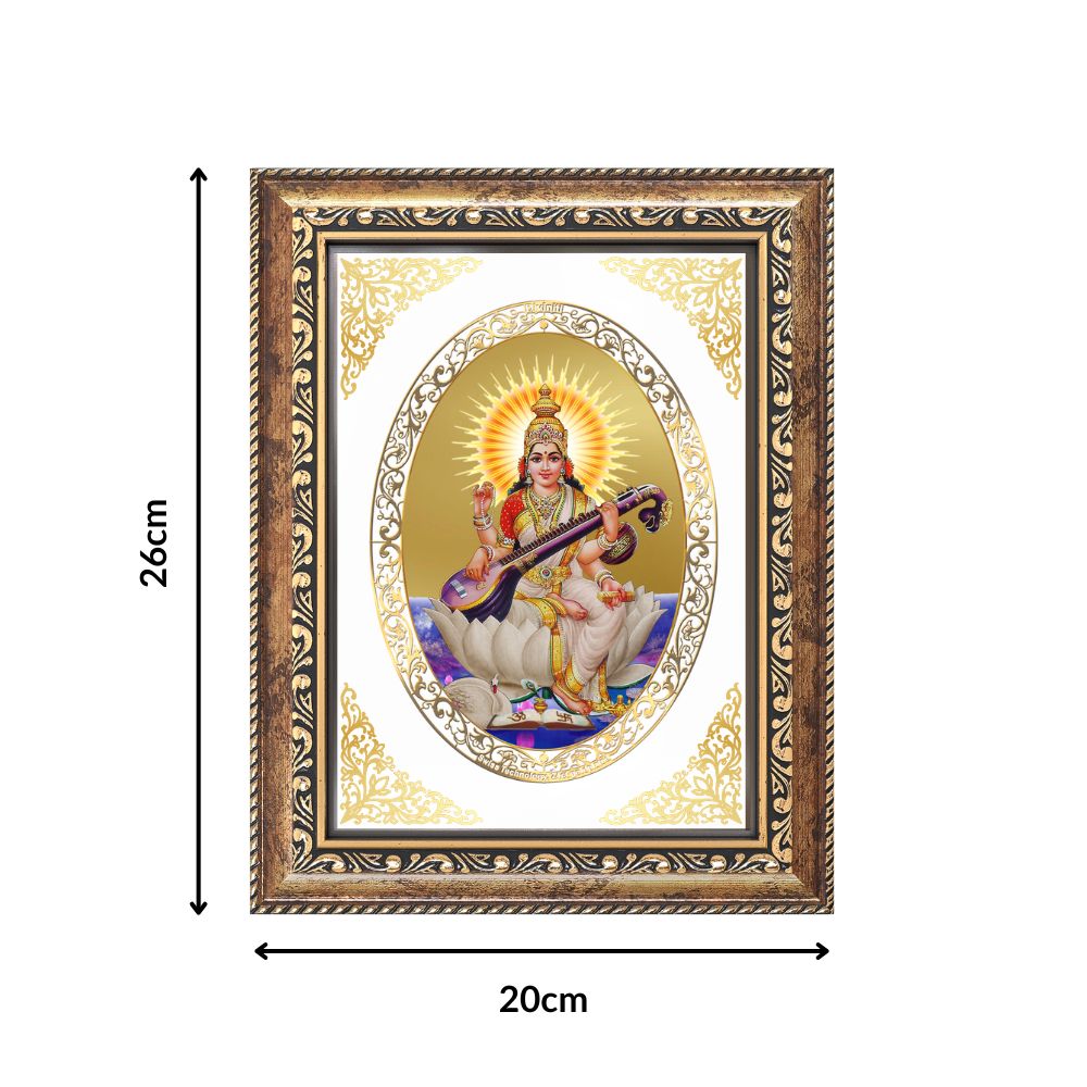 Goddess Saraswati Mata Divine Knowledge & Wisdom Sacred Royal Tabletop Frame in 24K Gold Plated Foil