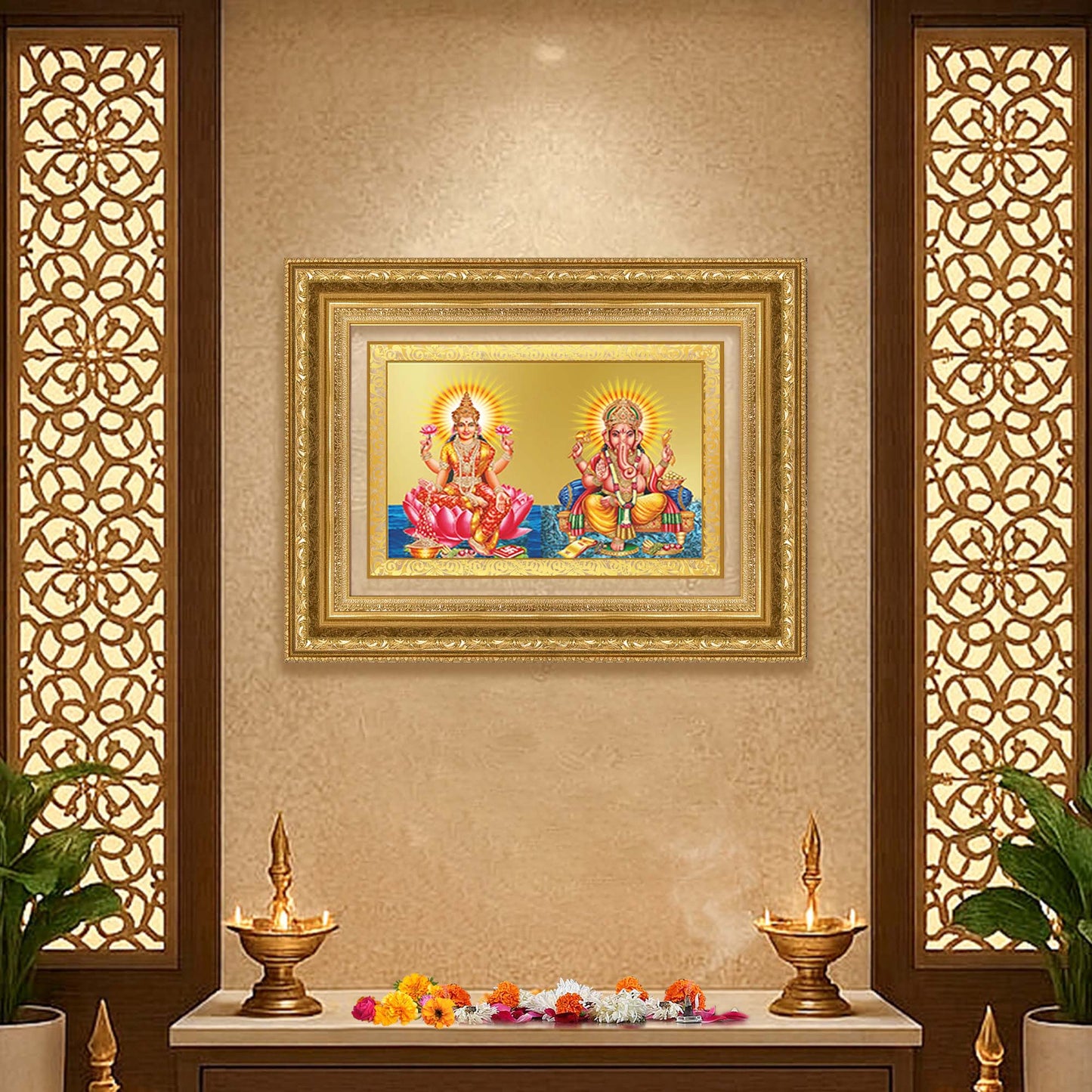 Diviniti 24K Gold Plated Lakshmi Ganesha (Classic) Divine Wall Frame for Home Mandir & Office Decor | Luxury Spiritual Gift