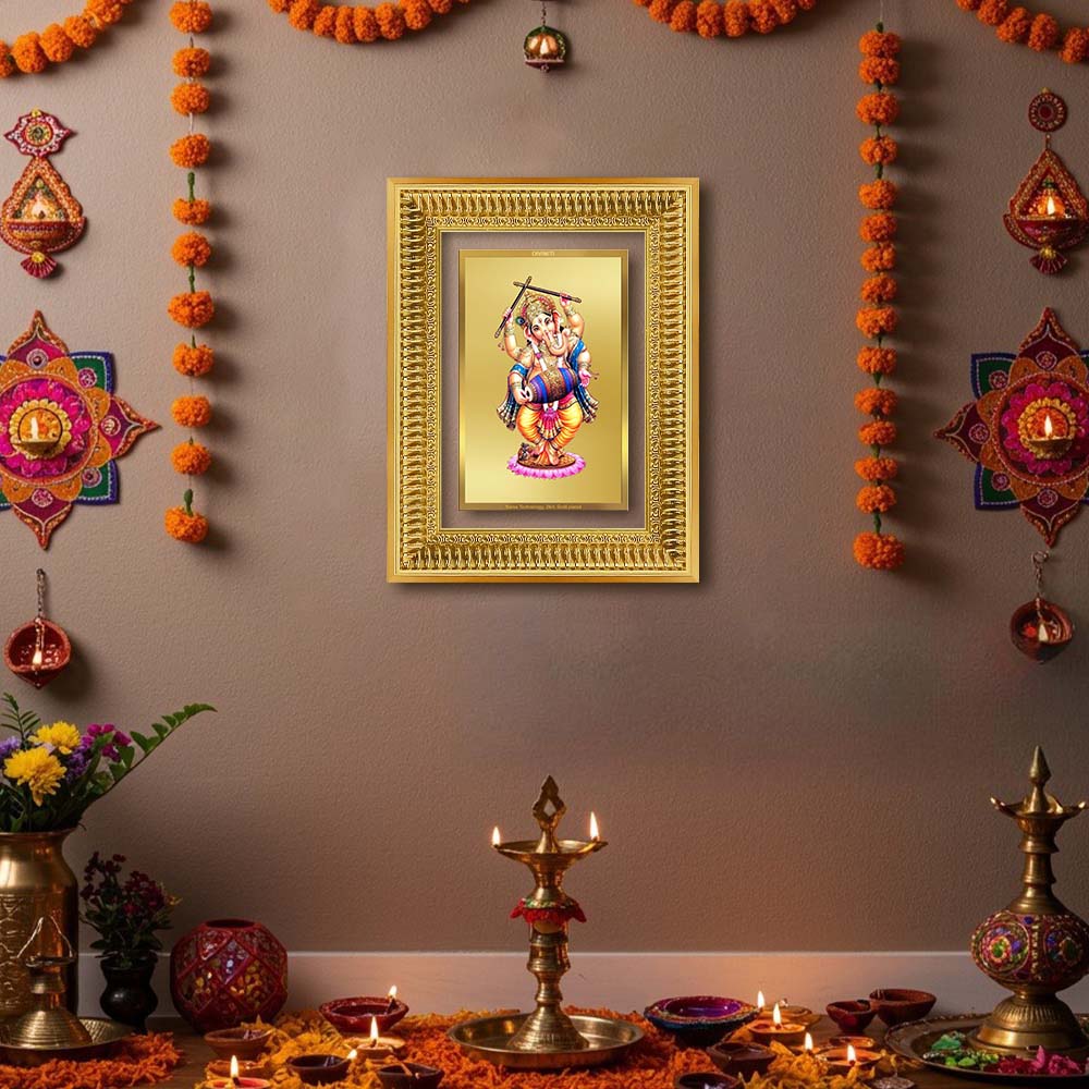 Diviniti 24K Gold Plated Dancing Ganesha (Classic) Divine Wall Frame for Home Mandir & Office Decor | Luxury Spiritual Gift