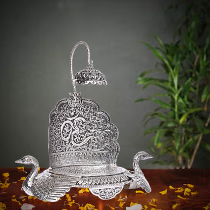 Pure Silver Singhasan Mandir Vintage Om & Swan Design Divine Pooja Stand Handcrafted Temple Art (36x10x27 cm,656g)