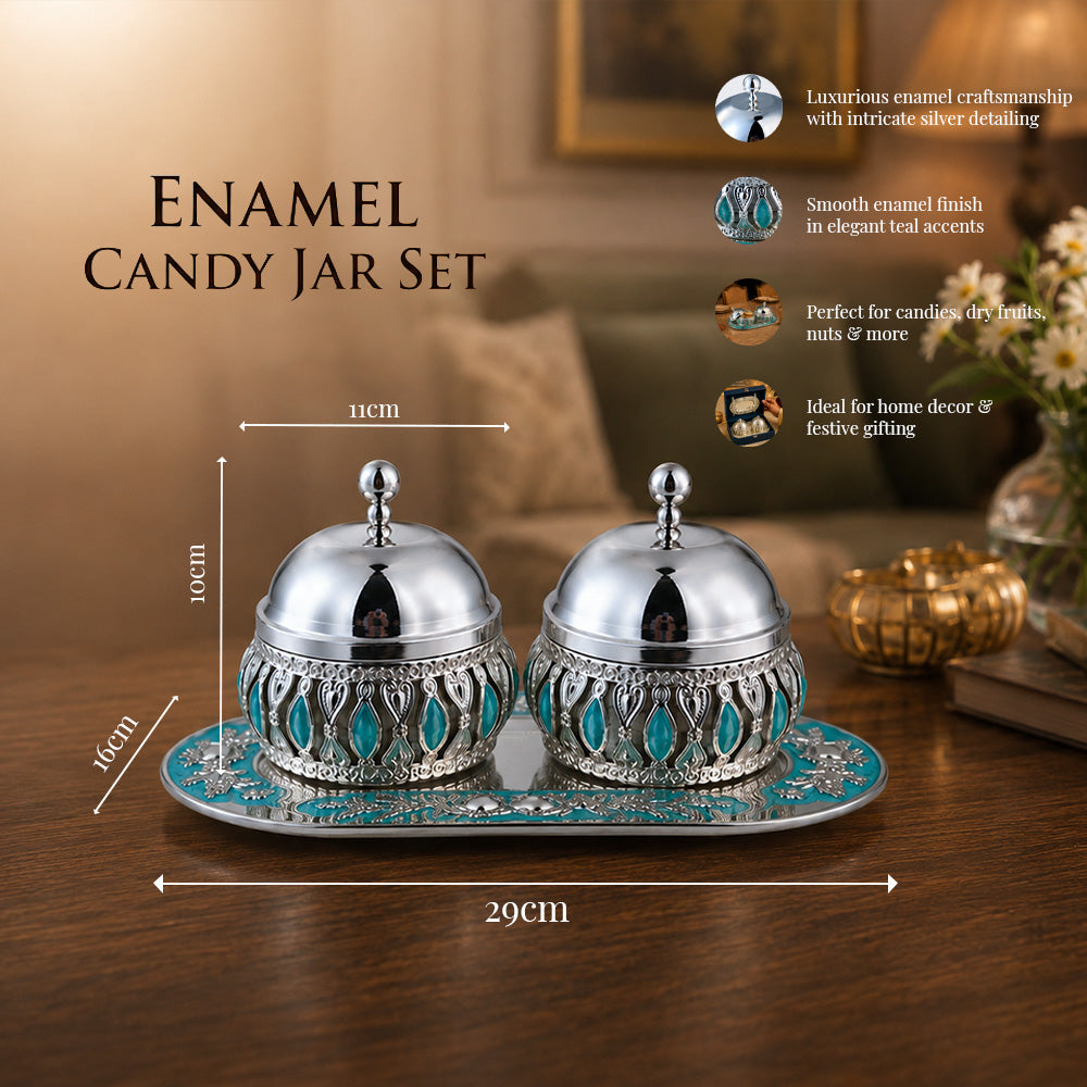Diviniti Silver-Plated 2 Bowl Serving Set with Tray & Lids | Turquoise Enamel Decorative Dry Fruit & Mukhwas Bowls for Premium Gifting