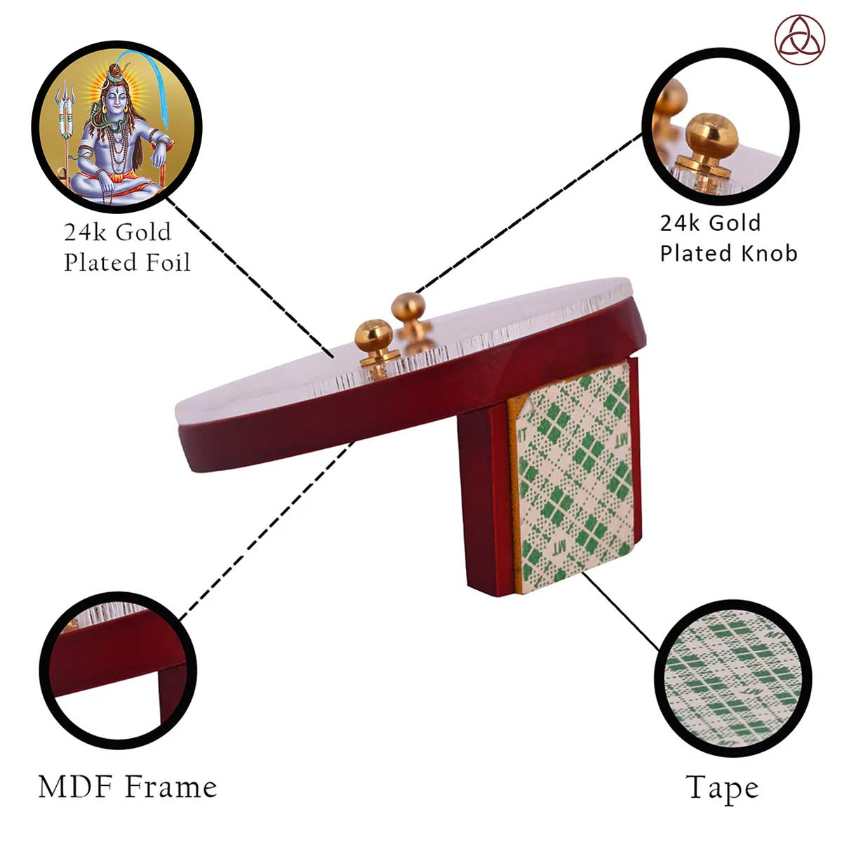 Lord Shiva Car Dashboard & Tabletop Photo Frame showcasing 24K gold plated foil and intricate MDF design.