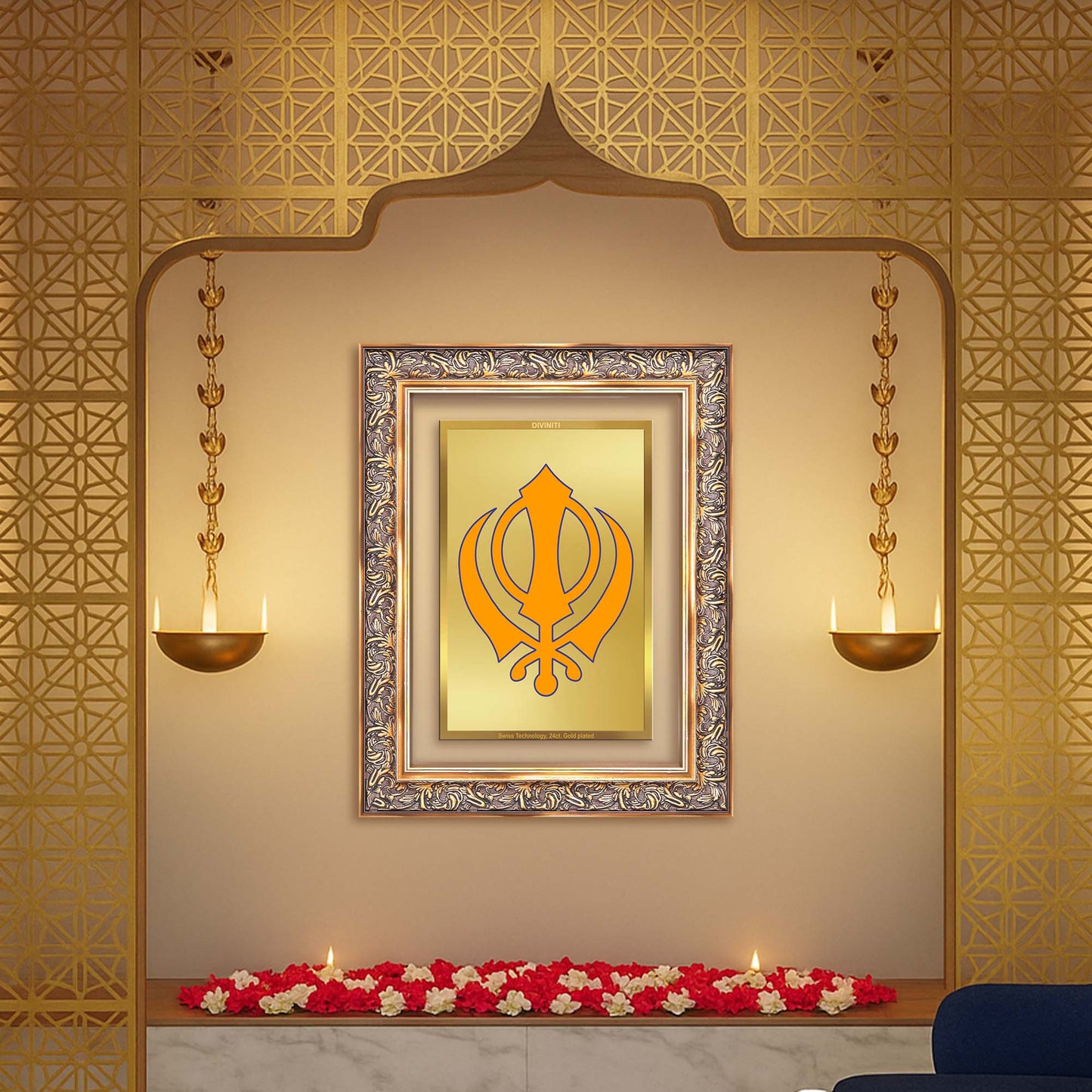 Diviniti 24K Gold Plated Khanda Sahib (Classic) Divine Wall Frame for Home Mandir & Office Decor | Luxury Spiritual Gift