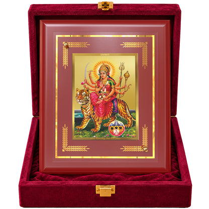 24K Gold-Plated Sherawali Mata with Pindi MDF Frame | Gift Box | 13.5x16 CM