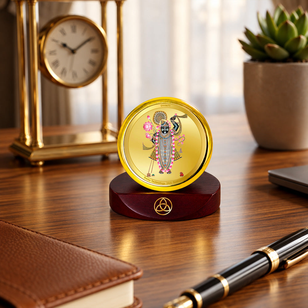 24K Gold-Plated Lord Shrinath Ji Car Dashboard Frame | 5x5 CM