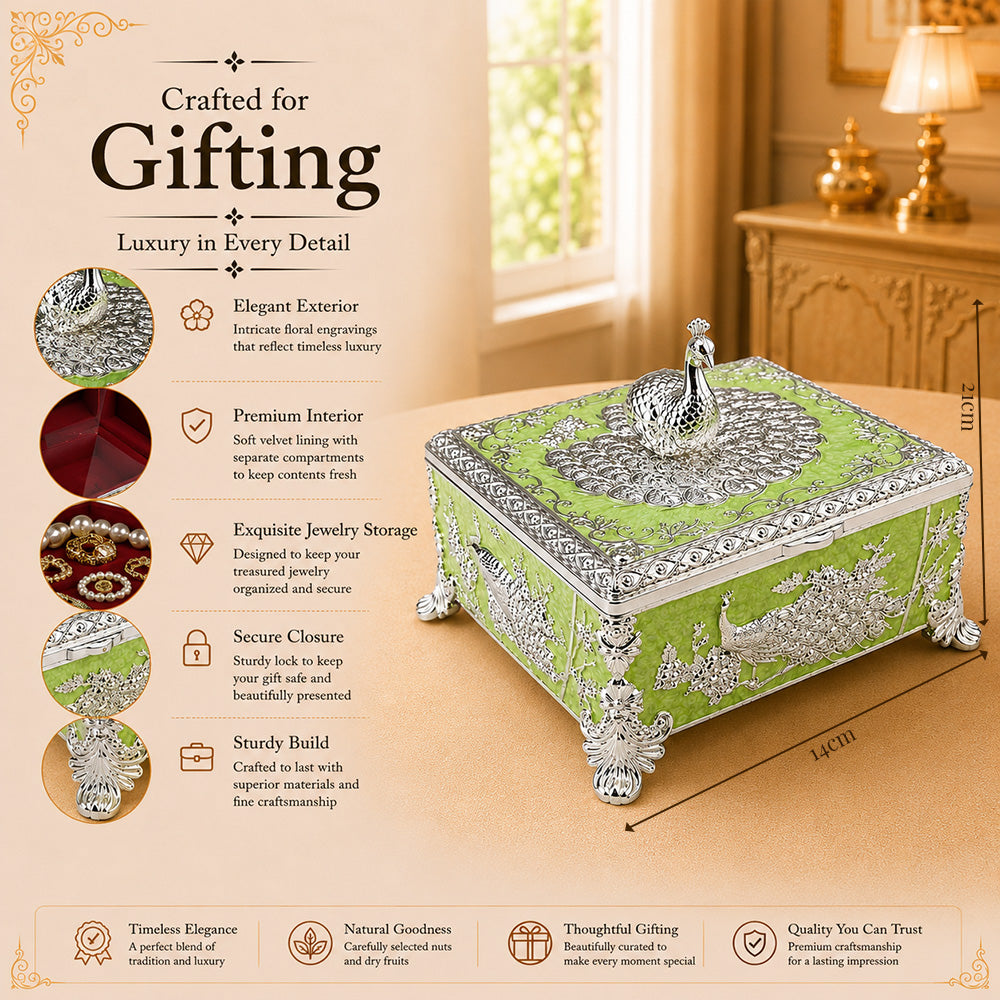 Diviniti Premium German Silver 2-Part Box | Green Enamel Dry Fruit & Sweet Box for Wedding & Festive Gifting