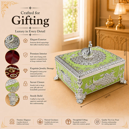 Diviniti Premium German Silver 2-Part Box | Green Enamel Dry Fruit & Sweet Box for Wedding & Festive Gifting