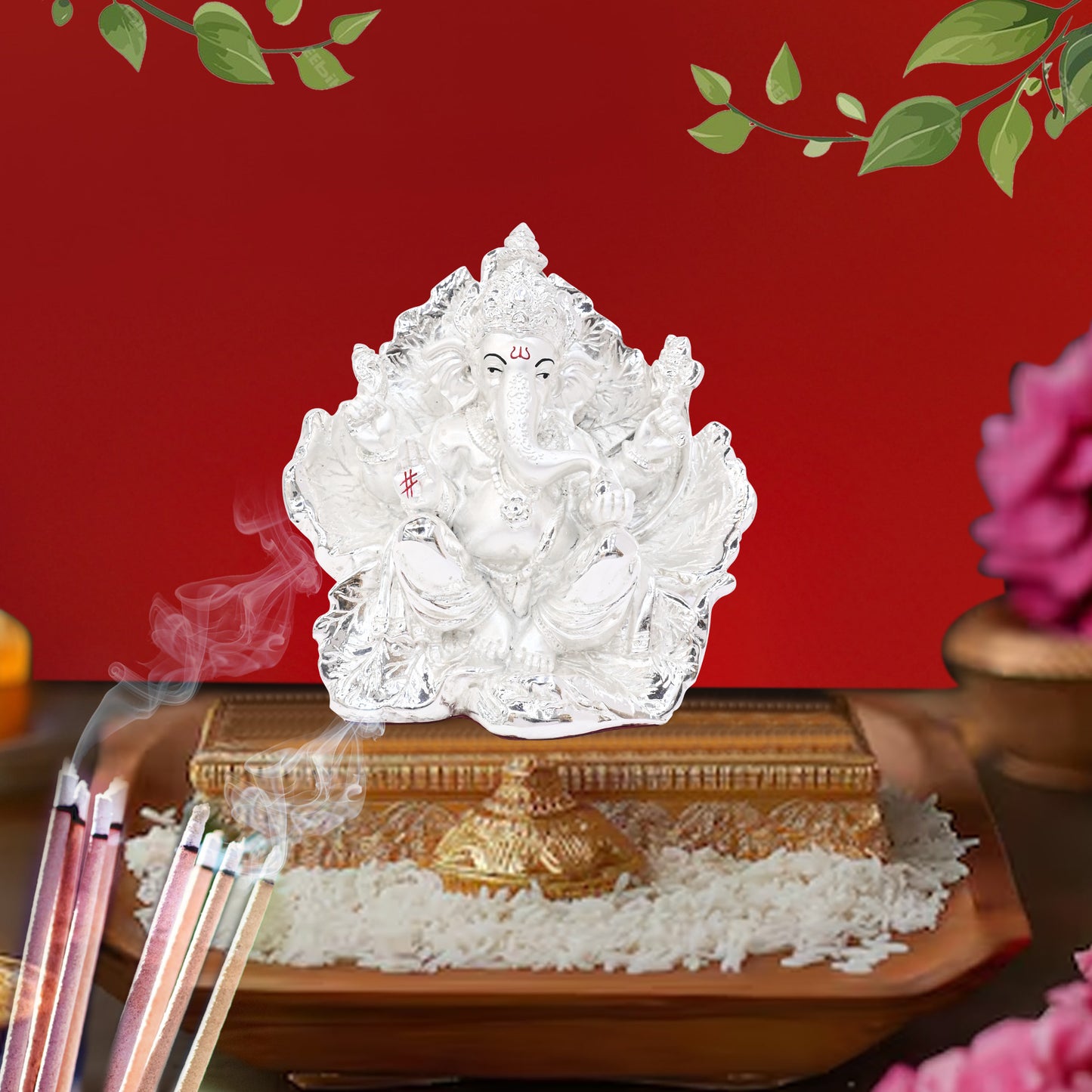 Diviniti 999 Silver Plated Siddhivinayaka Ganesha Idol Statue Luxurious Spiritual & Blessing for Home & Office Decor Pooja Room Gift (21x17.5 CM)