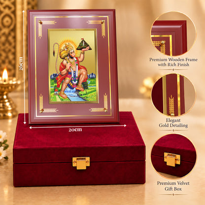 24K Gold-Plated Hanuman with Mountain MDF Frame | Premium Gift Box | 26x20 CM