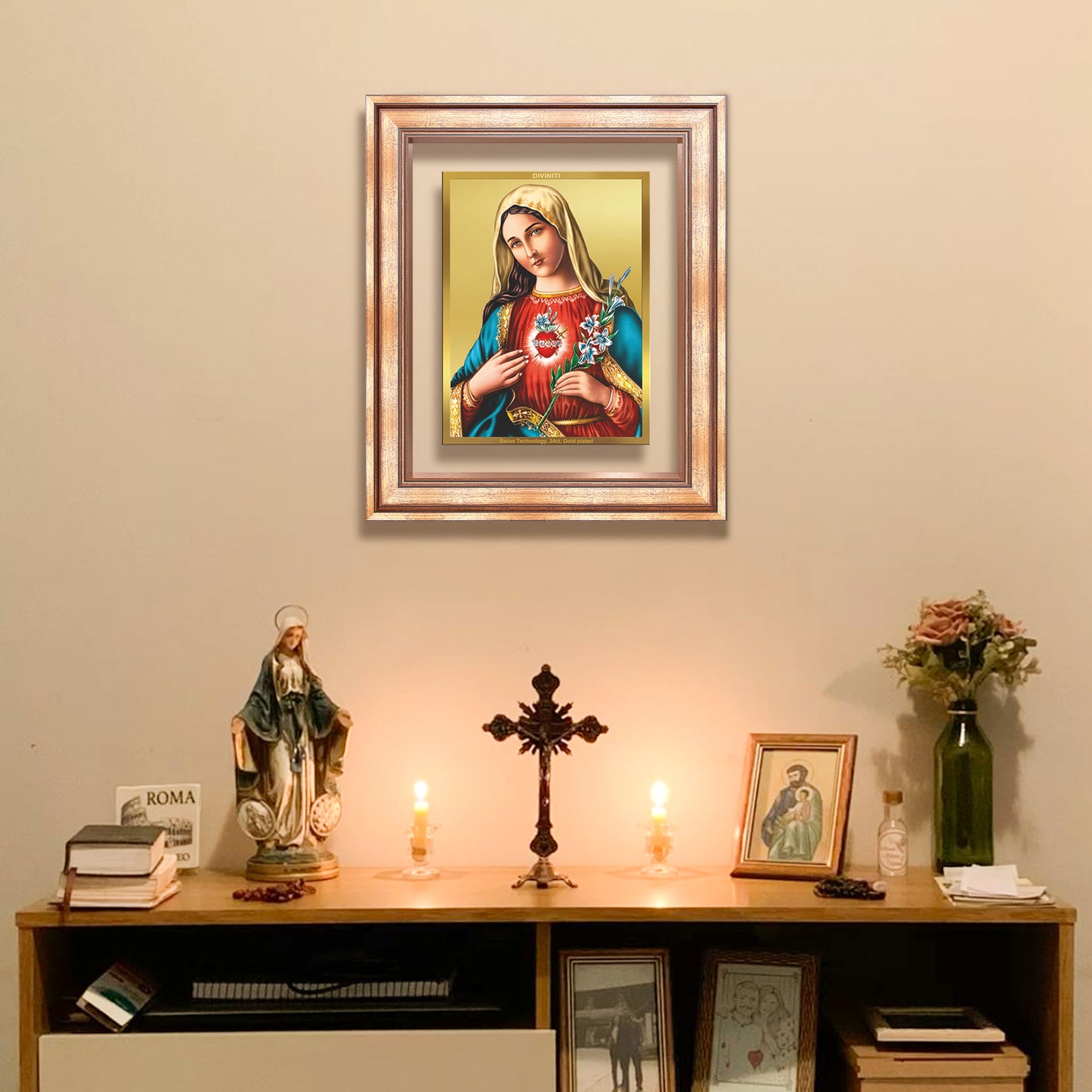 Diviniti 24K Gold Plated Mother Mary (Classic) Divine Wall Frame for Home Mandir & Office Decor | Luxury Spiritual Gift