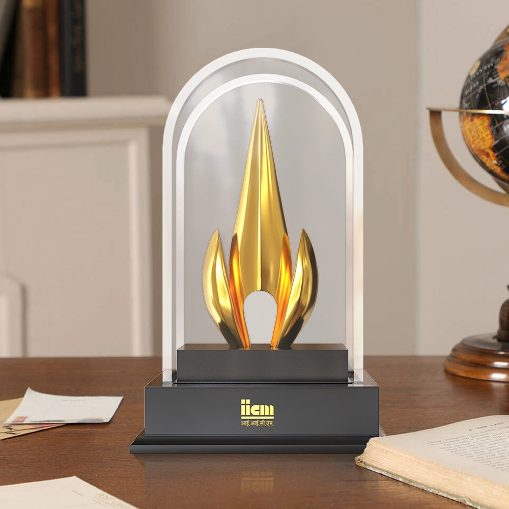 Luxury Flame of Excellence Personalized Trophy Premium Crystal Dome Award with Golden Flame Sculpture