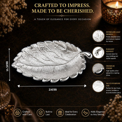 Diviniti Silver-Plated Leaf Decorative Platter | Luxury Long Leaf Serving Tray for Home & Table Décor
