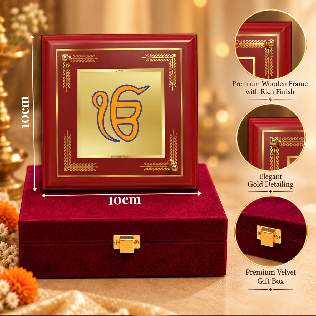 24K Gold-Plated Ik Onkar MDF Frame | Premium Gift Box | 10x10 CM