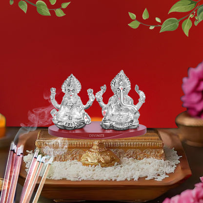 DIVINITI 999 Silver Plated Laxmi Ganesh Ji Idol Statue Radiant Symbol of Wealth and Wisdom for Home Office Décor, Puja Room, Tabletop Gift (6x5 CM)