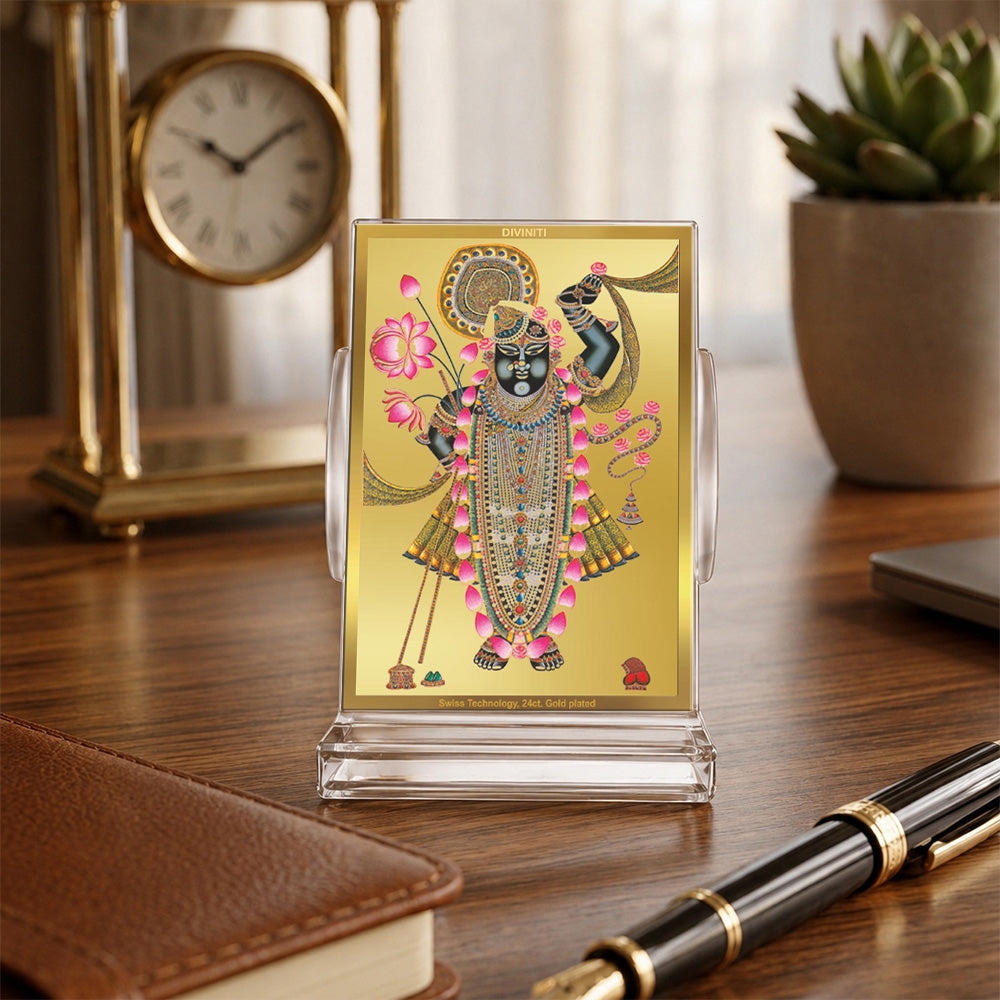 24K Gold-Plated Lord Shrinath Ji Acrylic Car Dashboard Frame | 11x7 CM