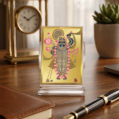 24K Gold-Plated Lord Shrinath Ji Acrylic Car Dashboard Frame | 11x7 CM