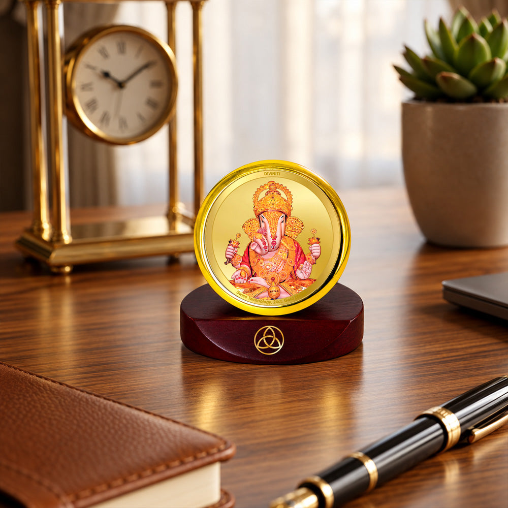 24K Gold-Plated Dagdu Ganesh Car Dashboard Frame | 5x5 CM