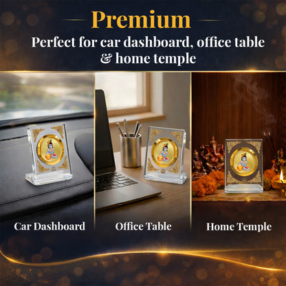 Bal Gopal 24K gold plated car dashboard frame elegantly displayed on a wooden desk.