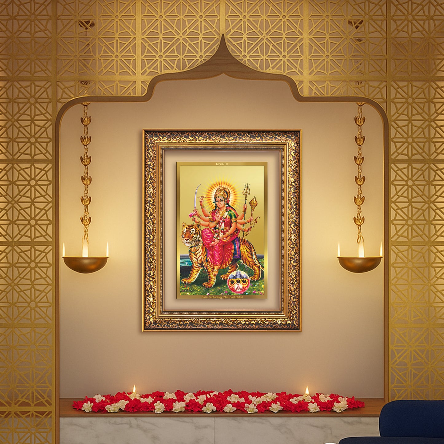 Diviniti 24K Gold Plated Durga - Sherawali Mata With Pind (Classic) Divine Wall Frame for Home Mandir & Office Decor | Luxury Spiritual Gift