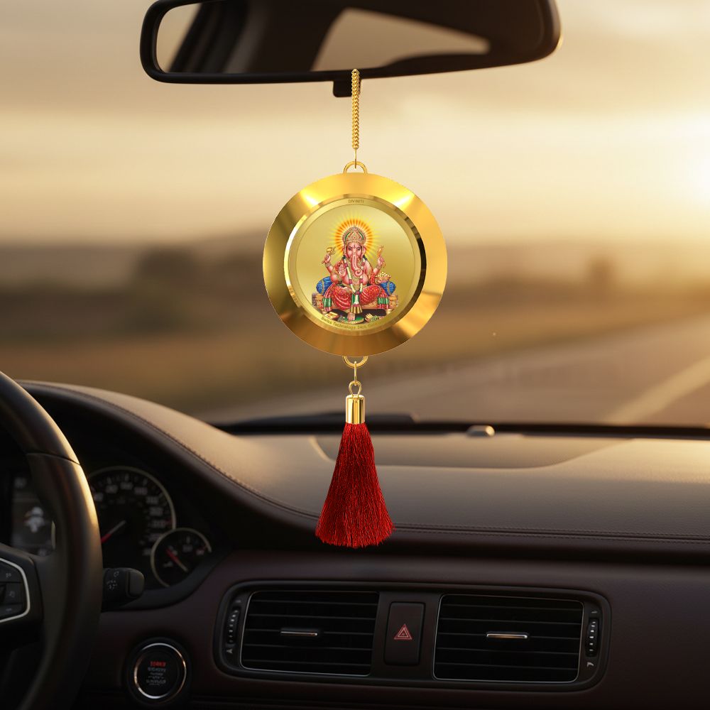 Diviniti 24K Gold Plated Double Sided Ganesha & Yantra Car Dangler|5.5 CM Ganesha Hanging Car Decor|Luxurious 24K Gold Plated Dangler For Car|Divine Car Accessories For Positive Energy & Protection