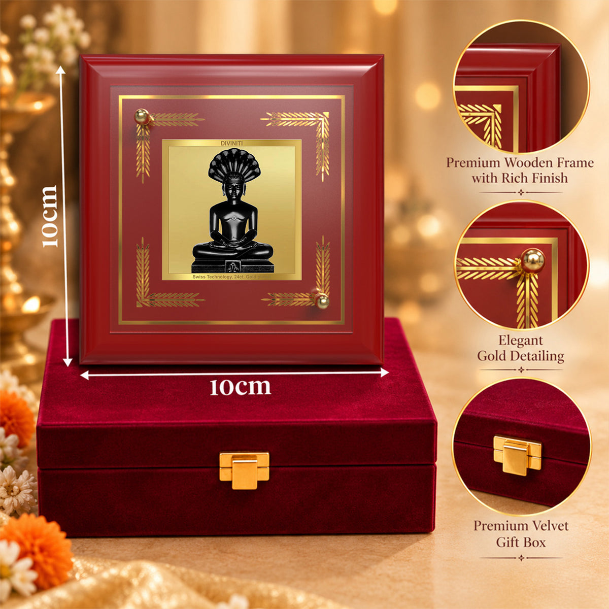 24K Gold-Plated Lord Parshwanath Ji MDF Frame | Premium Gift Box | 10x10 CM