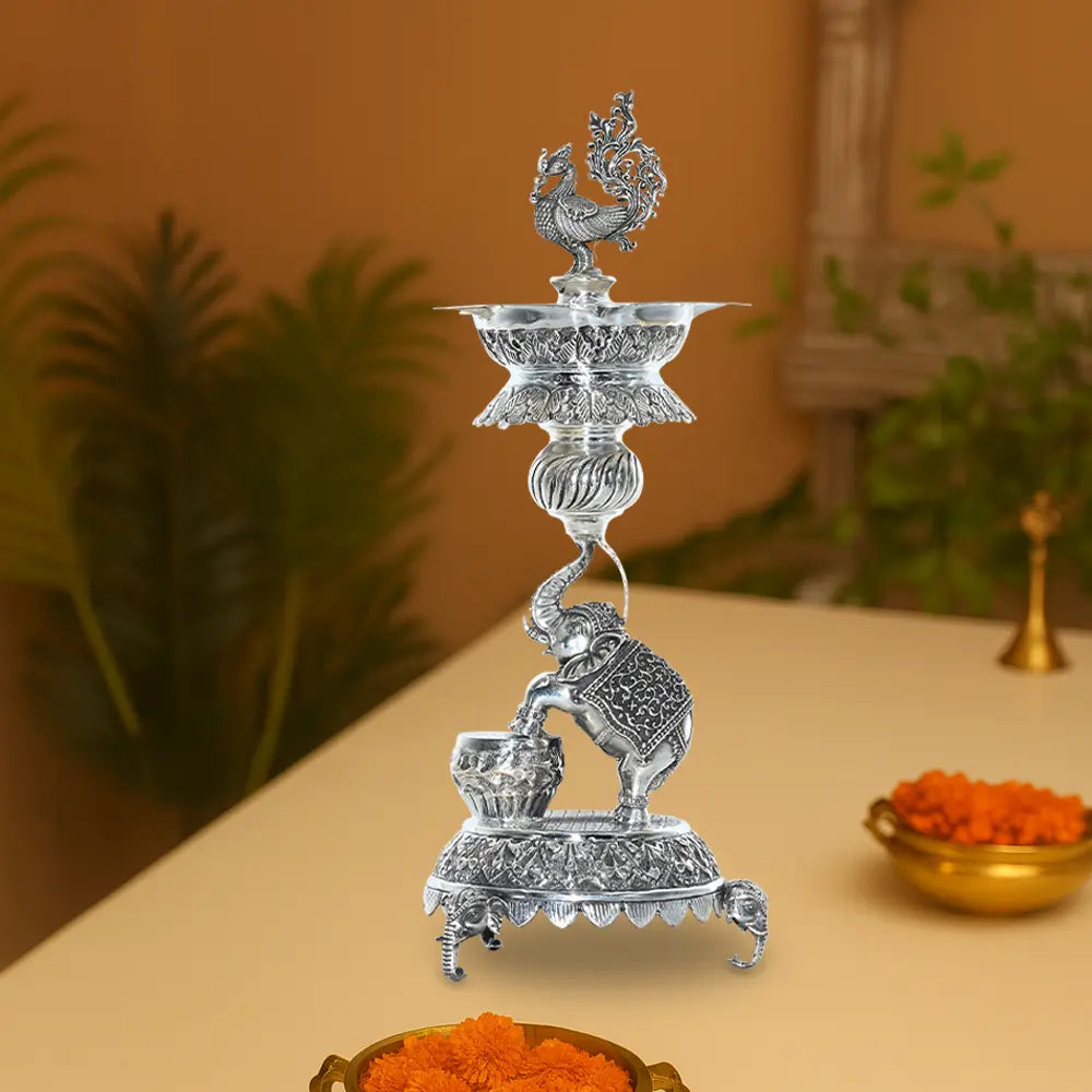 Pure Silver | Elephant & Peacock Diya Stand for Spiritual Decor | Home Temple | Puja & Festive Decor (530 g)