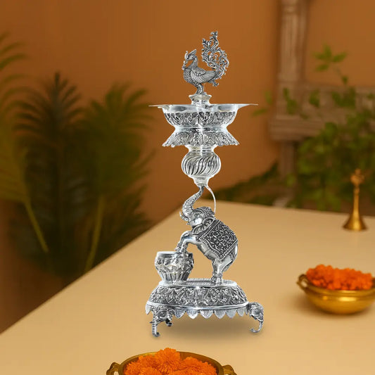 Pure Silver | Elephant & Peacock Diya Stand for Spiritual Decor | Home Temple | Puja & Festive Decor (530 g)