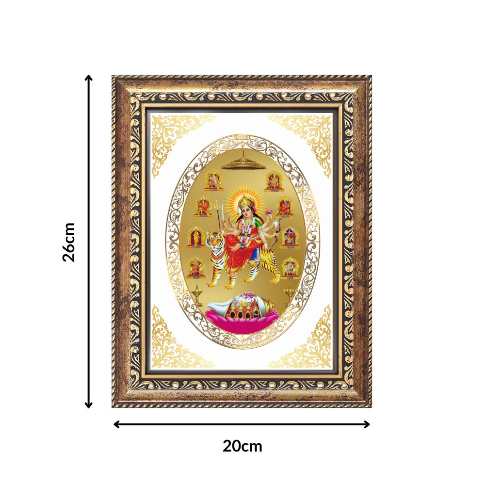 Nav Durga Divine Nine Forms of Goddess Durga Sacred Shakti Blessings Royal Tabletop Frame in 24K Gold Plated Foil