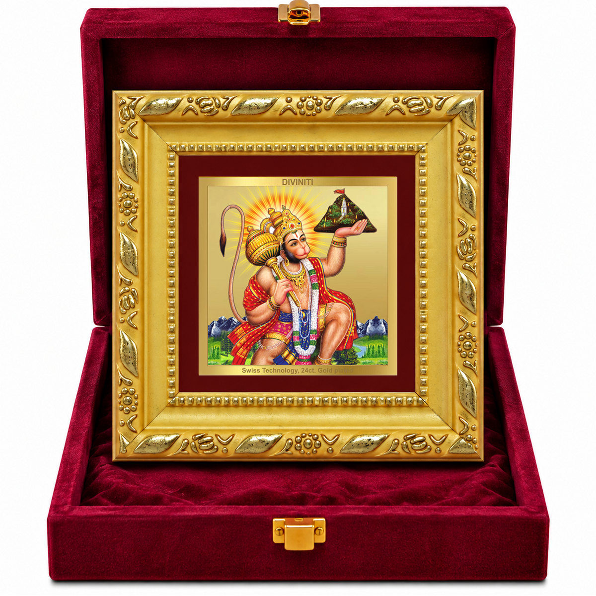 24K Gold-Plated Lord Hanuman with Sanjeevani Mountain Frame | Premium Gift Box | 10x10 CM