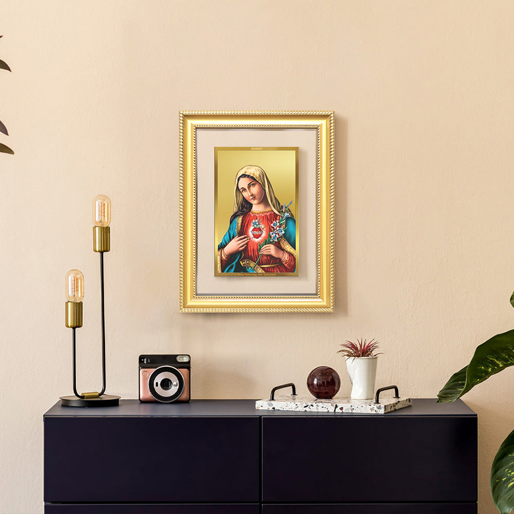 Diviniti 24K Gold Plated Mother Mary (Classic) Divine Wall Frame for Home Mandir & Office Decor | Luxury Spiritual Gift
