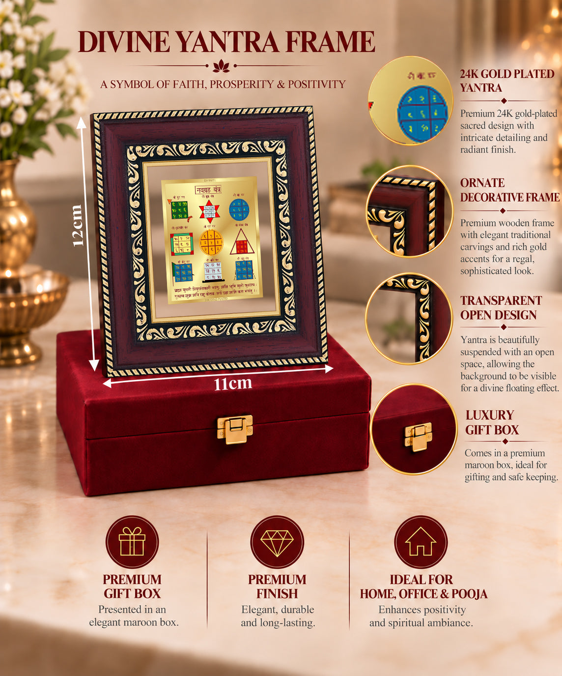 24K Gold-Plated Navagraha Yantra Frame | Premium Gift Box | 12x11 CM