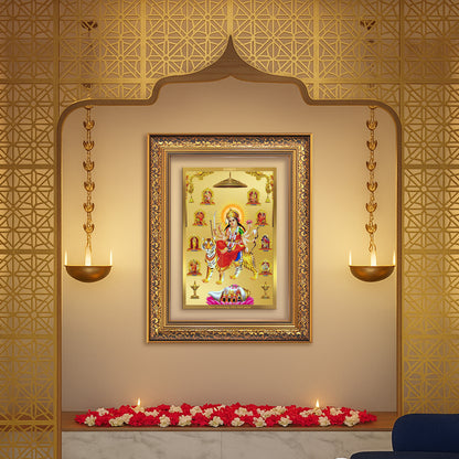 Diviniti 24K Gold Plated Nav Durga (Classic) Divine Wall Frame for Home Mandir & Office Decor | Luxury Spiritual Gift