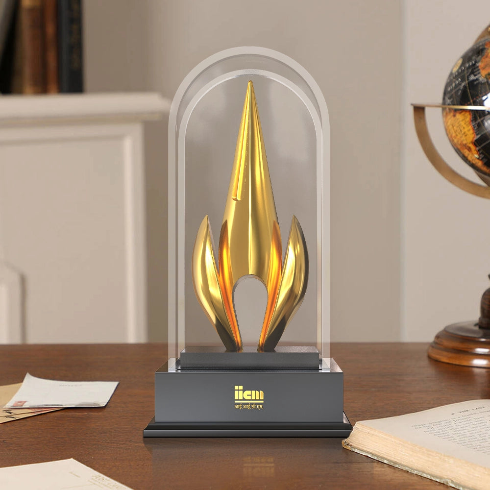 Luxury Flame of Excellence Personalized Trophy Premium Crystal Dome Award with Golden Flame Sculpture