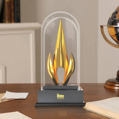 Luxury Flame of Excellence Personalized Trophy Premium Crystal Dome Award with Golden Flame Sculpture