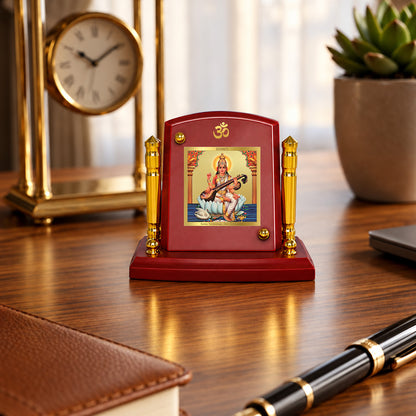 24K Gold-Plated Goddess Saraswati MDF Car Dashboard Frame | 7.5x9 CM