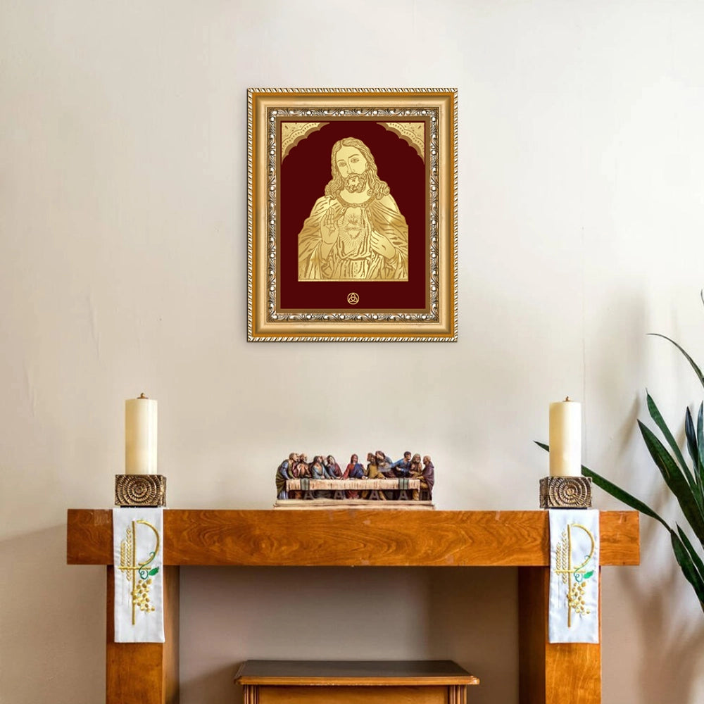 Jesus Christ photo frame in 24k gold plated foil displayed beautifully on wall