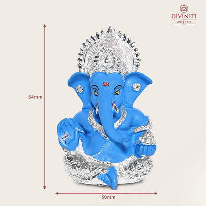 Diviniti 999 Silver Plated Resin Lord Ganesha Idol for Car Dashboard Tabletop for Home Decor Mandir Puja Gift Blue (8.4x4.2cm)