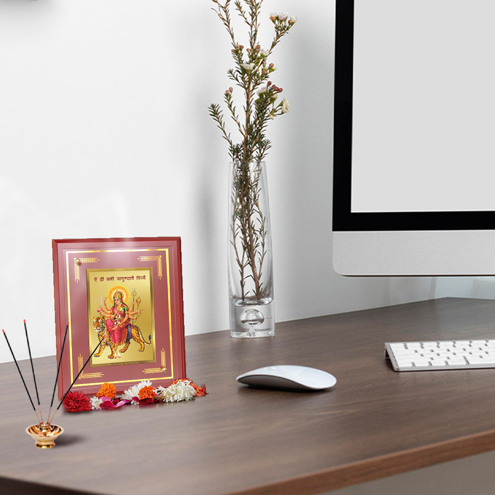 Diviniti 24K Gold Plated Durga Mata with Mantra Blessing Tabletop Photo Frame | Strength, Protection & Divine Grace