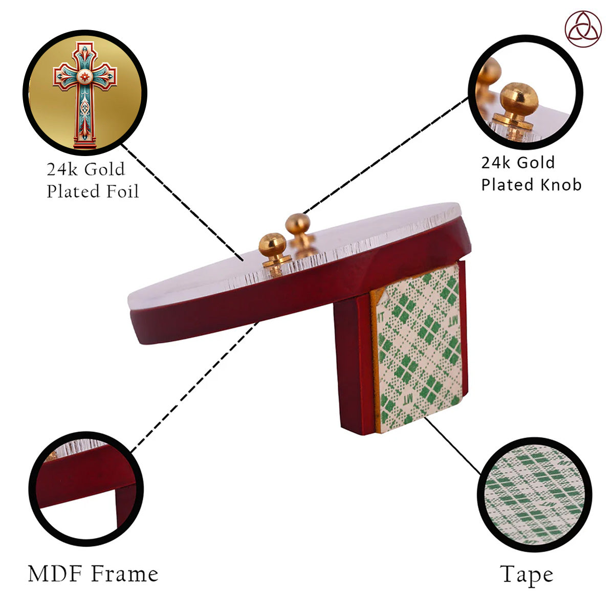 Holy Cross Car Dashboard & Tabletop Photo Frame showcasing 24K gold plated foil and intricate MDF design.