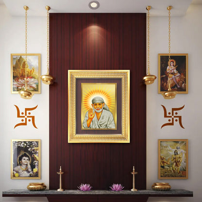 Diviniti 24K Gold Plated Sai Baba With Blessings (Classic) Divine Wall Frame for Home Mandir & Office Decor | Luxury Spiritual Gift