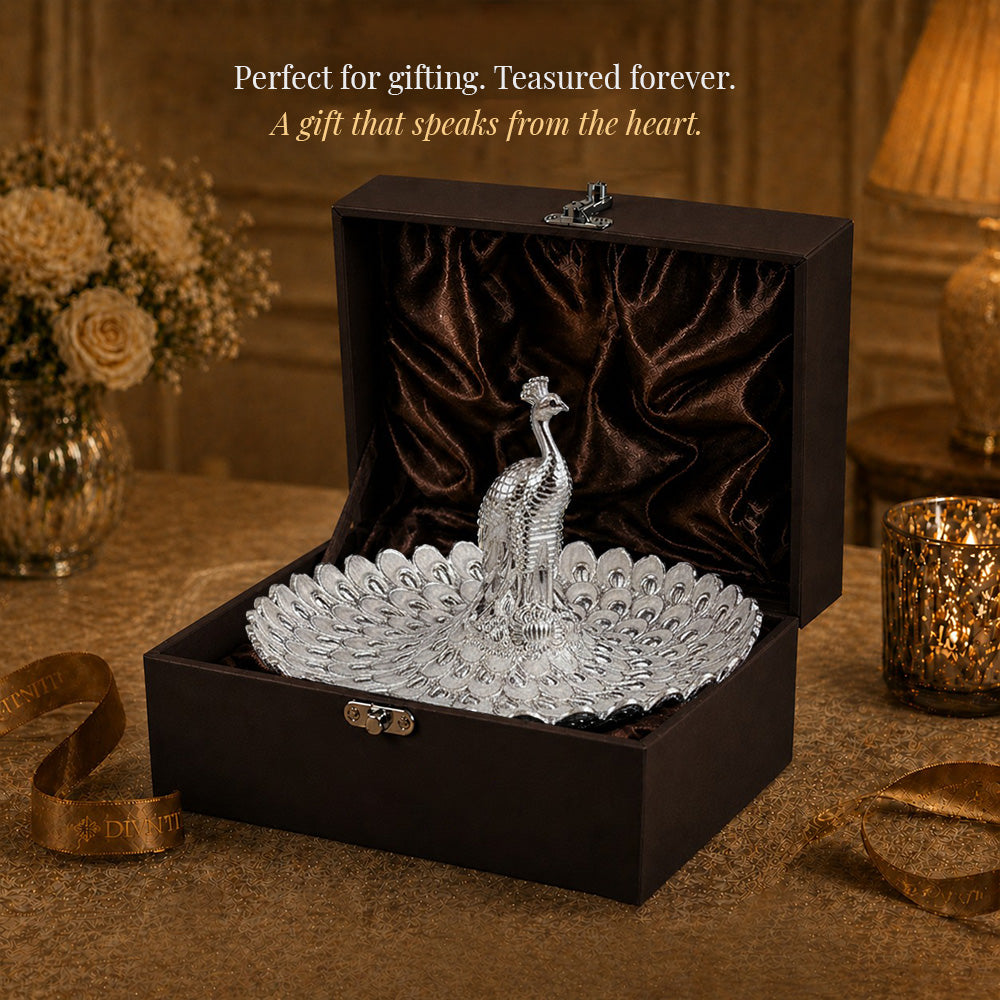 Diviniti Silver Peacock German Silver Platter with Gift Box, beautifully crafted and perfect for gifting.