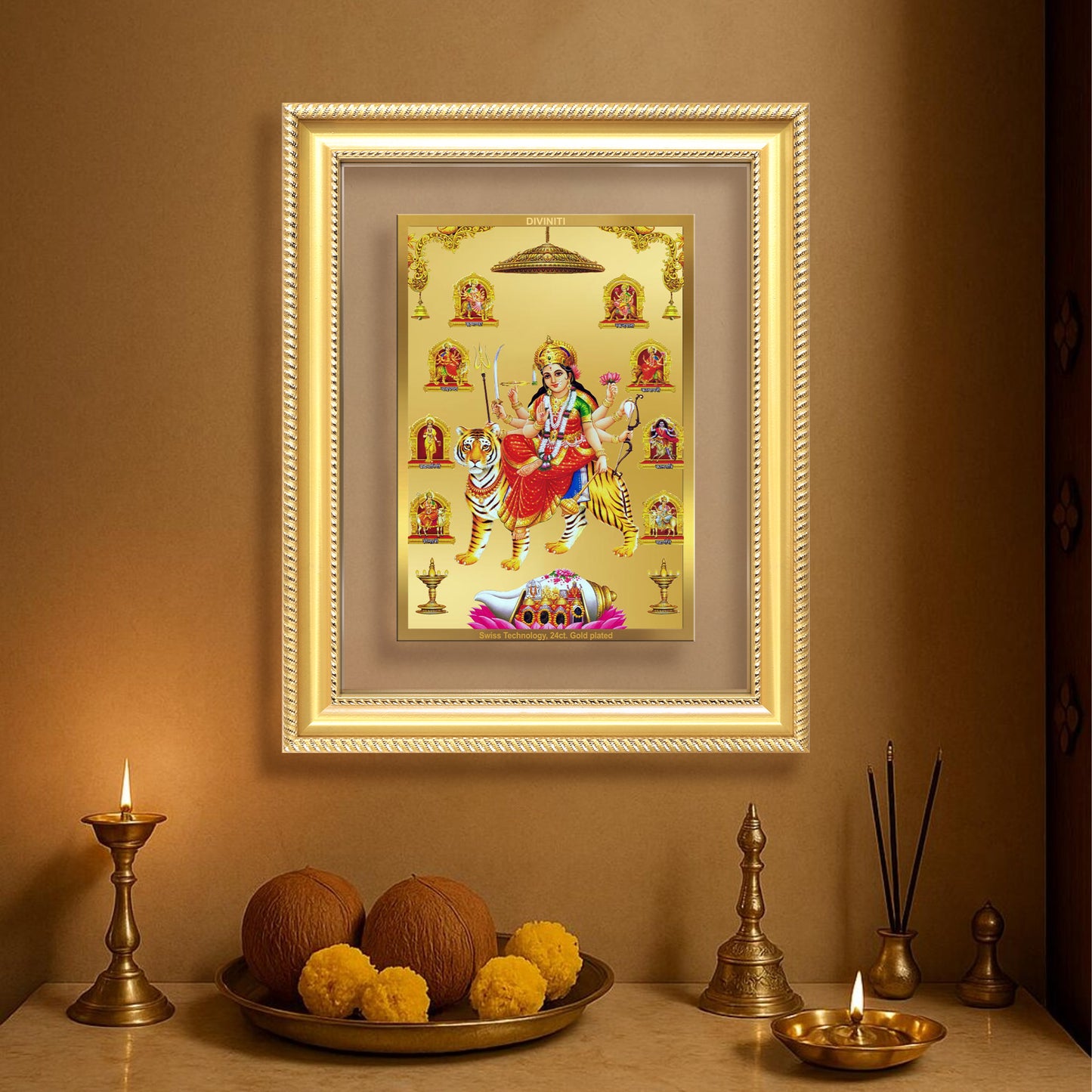 Diviniti 24K Gold Plated Nav Durga (Classic) Divine Wall Frame for Home Mandir & Office Decor | Luxury Spiritual Gift