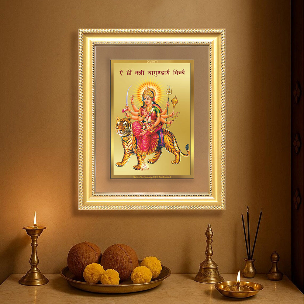 Diviniti 24K Gold Plated Durga With Mantra (Classic) Divine Wall Frame for Home Mandir & Office Decor | Luxury Spiritual Gift