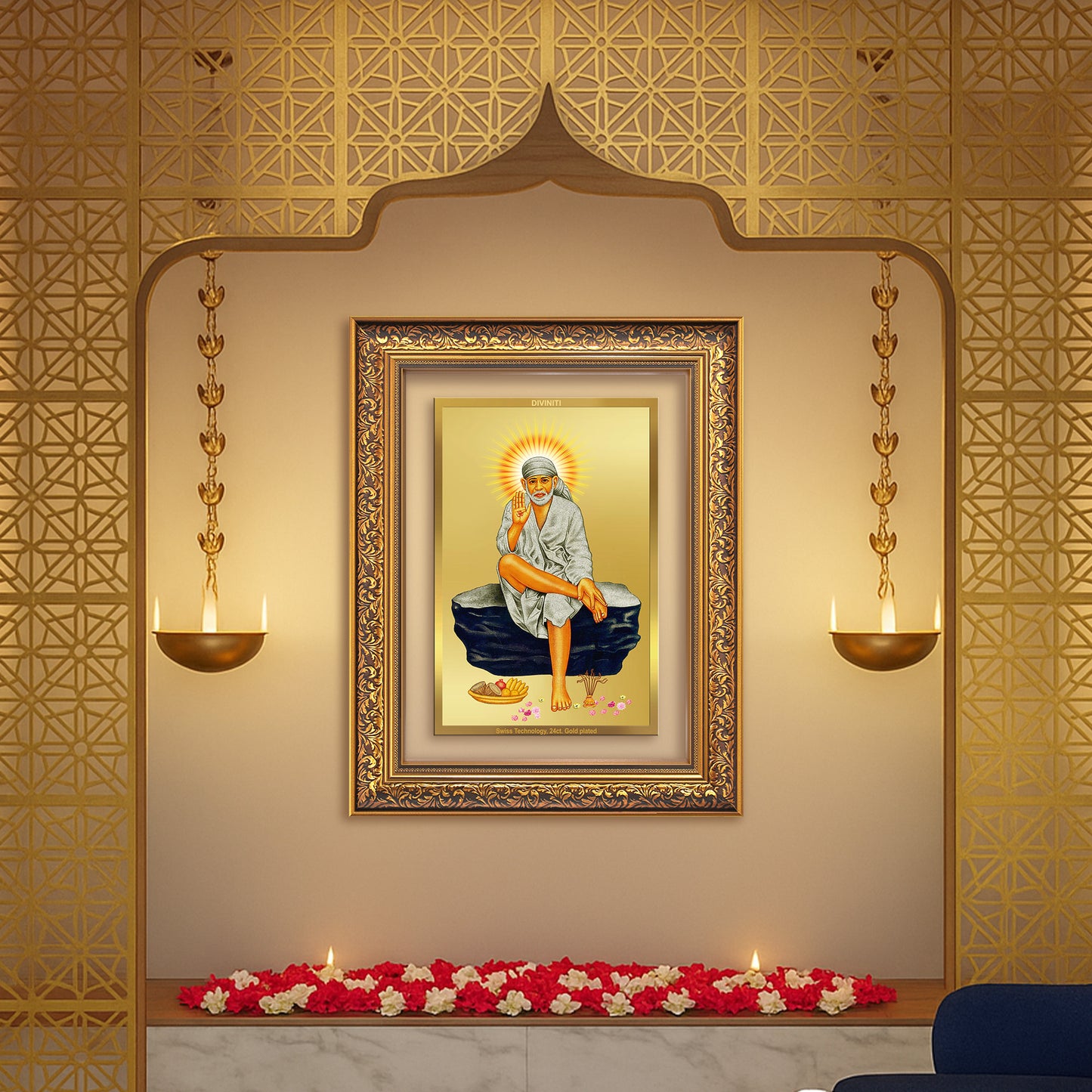 Diviniti 24K Gold Plated Sai Baba (Classic) Divine Wall Frame for Home Mandir & Office Decor | Luxury Spiritual Gift