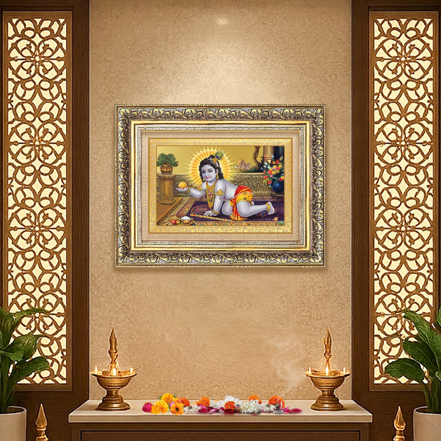 Diviniti 24K Gold Plated Laddu Gopal (Classic) Divine Wall Frame for Home Mandir & Office Decor | Luxury Spiritual Gift