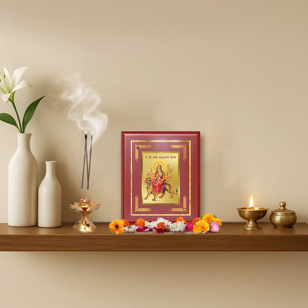 Diviniti 24K Gold Plated Maa Durga with Mantra Wall & Tabletop Photo Frame | Strength, Protection & Divine Blessings